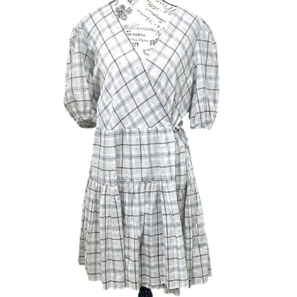 J.Crew Oyster Plaid Wrap Mini Dress M NWT - Cotton Voile Puff Sleeve